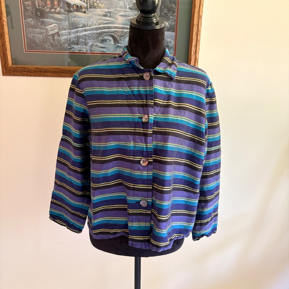 Chico's Design Silk Shirt Womens 1 Small Striped Button Down Purple Blue Blouse